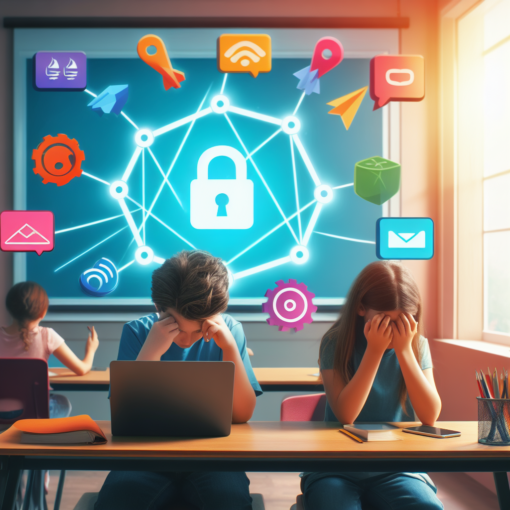 image représentant des écoliers devant un ordinateur et une élève qui se tient la tête dans les mains en raisons du cyber harcèlement