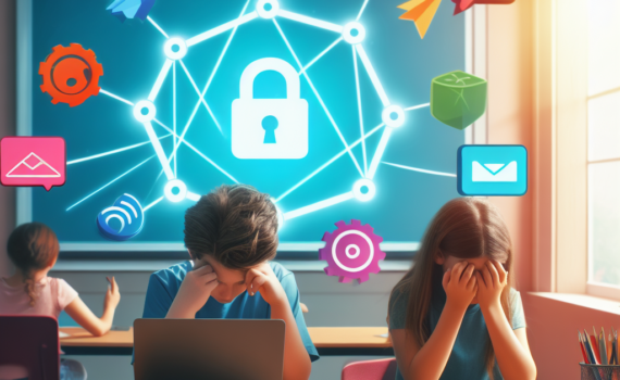 image représentant des écoliers devant un ordinateur et une élève qui se tient la tête dans les mains en raisons du cyber harcèlement